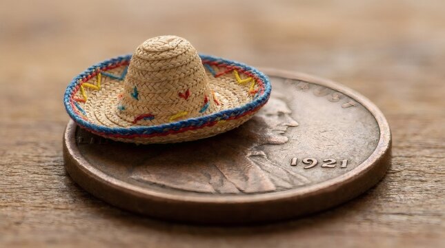 Miniature straw sombrero resting on a vintage 1921 US Lincoln penny on a wooden surface