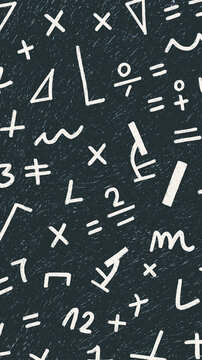 Abstract math equations on a dark background with white chalk-like markings.