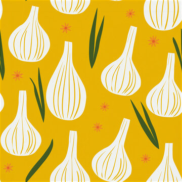 Stylized garlic and green onion pattern on a vibrant yellow background.