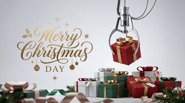 Festive Golden Merry Christmas Day Celebration with a Robotic Claw Grabbing a Gift Box