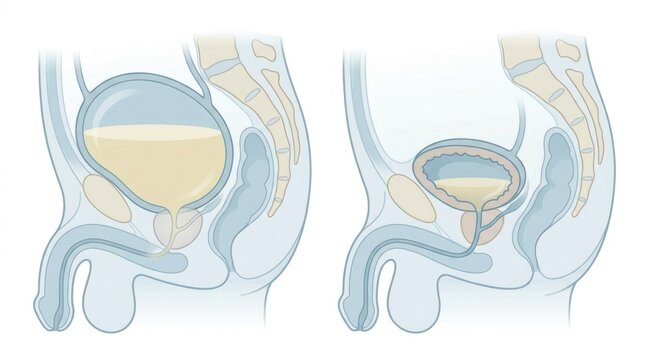 Male urinary system anatomy illustration showing bladder and prostate