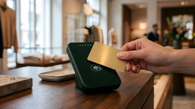Person using gold credit card for contactless payment at shop counter