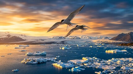 Naklejka premium Two Arctic terns flying over a dramatic frozen landscape with floating icebergs illuminated by a stunningly beautiful warm golden sunset.