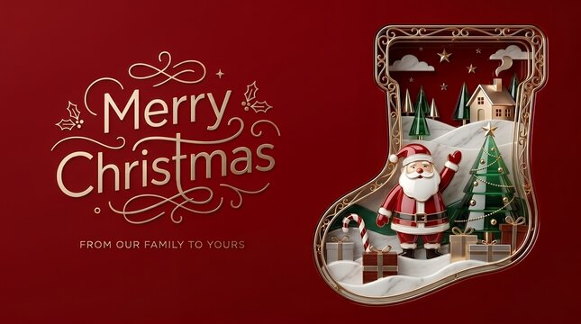 Luxurious Golden Merry Christmas Typographic Design with Festive Santa Claus Inside a Stocking Scene