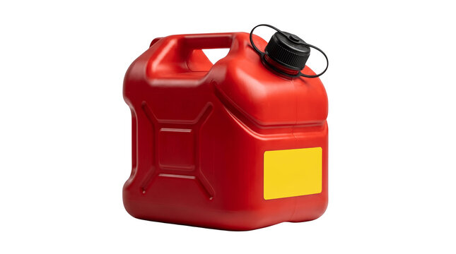 Red plastic fuel container featuring a yellow blank label for branding purposes shown at a slight angle on transparent background