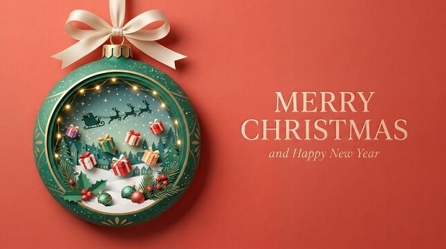 Festive Christmas Ornament Scene With Santa Sleigh Flying And Gift Boxes, Holiday Greeting Card Design
