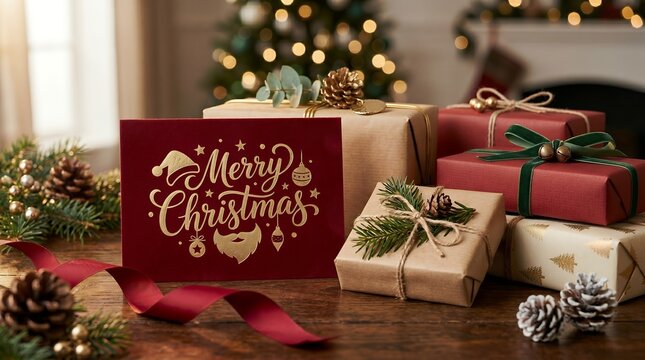 Festive Red Card With Gold Merry Christmas Message And Wrapped Gifts Arrangement
