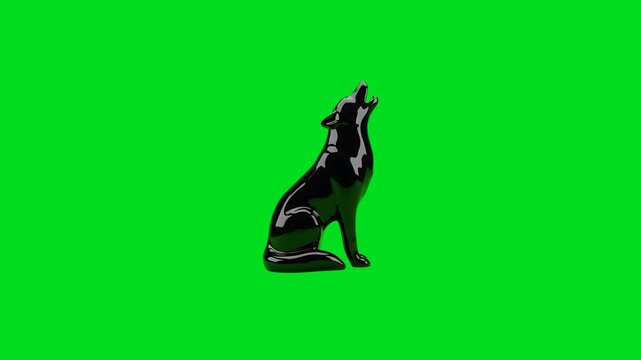 A shiny black ceramic wolf figurine howling against a vivid green backdrop