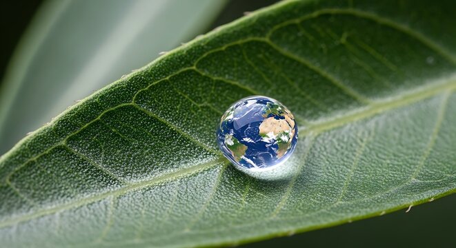 Miniature Earth globe nestles in water droplet on lush green leaf surface.