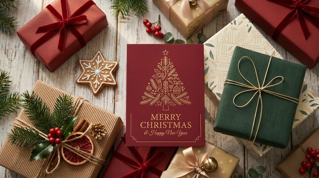 Festive Overhead View of Holiday Gifts and Merry Christmas Card Arrangement