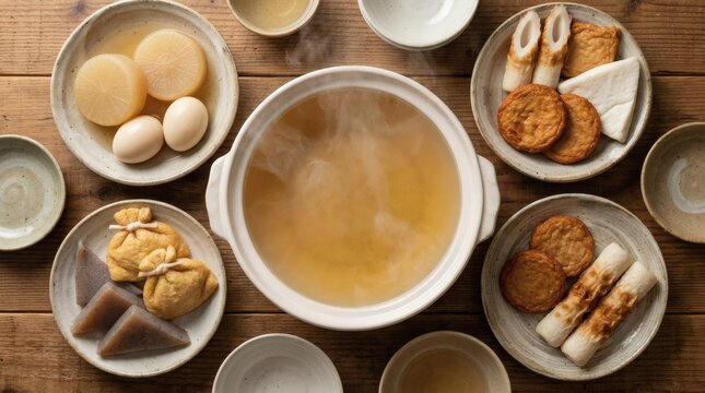 Traditional Japanese Oden hot pot with various ingredients like daikon, eggs, and fish cakes served on a rustic wooden table, overhead view.