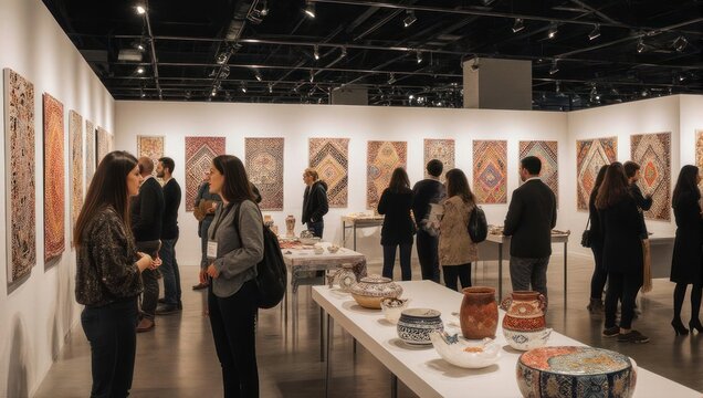 Crowded gallery space, art patrons viewing textile and pottery displays