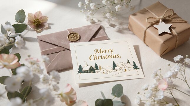 Rustic Merry Christmas Greeting Card with Gift Box and Festive Envelope Decor