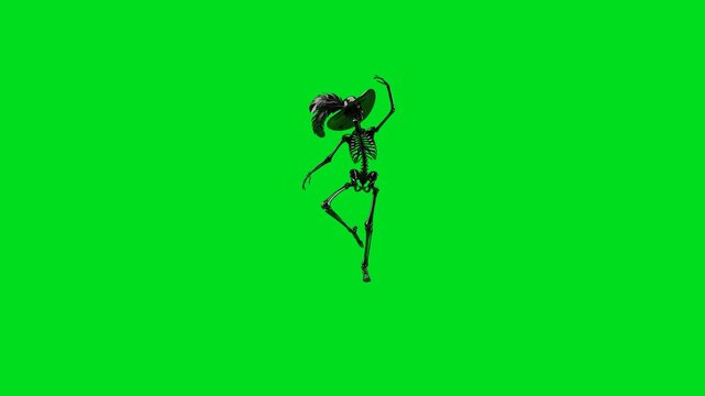 A black skeleton wearing a feathered hat dancing against a green background
