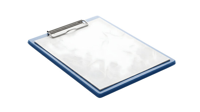 Blue plastic clipboard with blank white paper sheet for notes held by a shiny metal clip isolated on transparent background