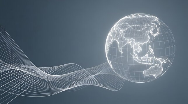 Digital wireframe globe showing the map of asia and australia with flowing white light lines on a dark grey background, for global connectivity