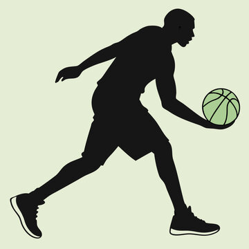 Basketball player silhouette dribbles a ball against a light background.