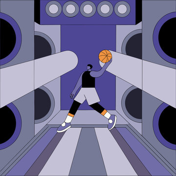 Basketball athlete performs a layup in a music studio.