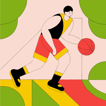 Basketball player dribbles a red ball on a stylized geometric court.
