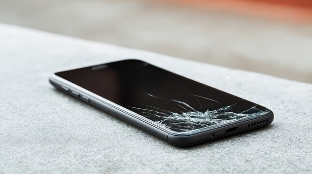A modern smartphone with a heavily cracked screen lies on a minimal clean surface. Soft studio lighting emphasizes the shattered glass, perfect for repair service ads.