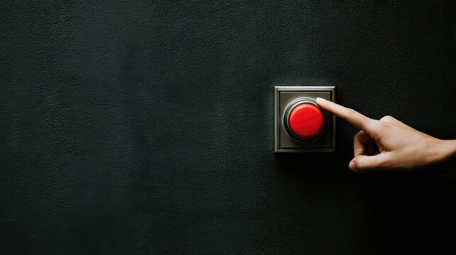 A finger urgently presses a bright red panic button on a dark control panel. Dramatic lighting emphasizes the theme of emergency and stress response.
