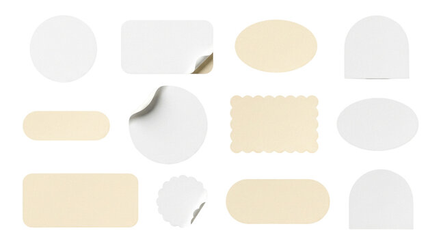 White and beige paper sticker set, blank adhesive labels with curled edges, realistic 12 piece stationery collection for branding