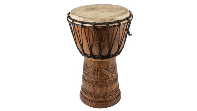 Traditional African wooden djembe goblet hand drum isolated on transparent background
