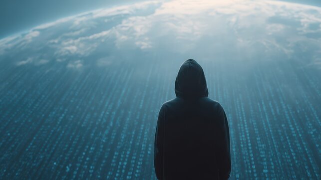 A hooded hacker silhouette stands before a glowing digital world. Streams of binary code and cyberpunk lighting evoke a global cybersecurity threat atmosphere.