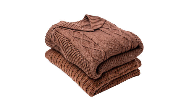 Stack of folded cozy brown knitted wool sweaters isolated on transparent background