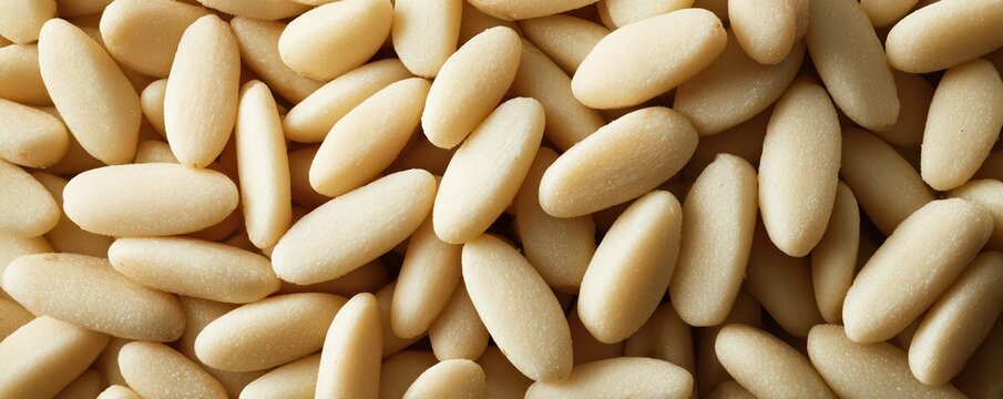Ultra wide panoramic macro shot of pine nuts fills the frame. Smooth, ivory-colored nuts display granular texture and subtle matte sheen in premium food photography.