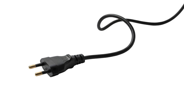 Black electrical power plug with a coiled flexible cable connected to modern energy supply equipment displayed on transparent background
