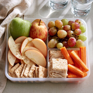 School lunch box healthy apple grape carrot cracker sandwich, clear container with sliced fruit, vegetable, snack, and water glass on table