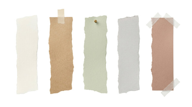 Minimalist torn paper scraps with adhesive tape and pin, pastel earth tone paper strips, 5 decorative paper elements for scrapbooking