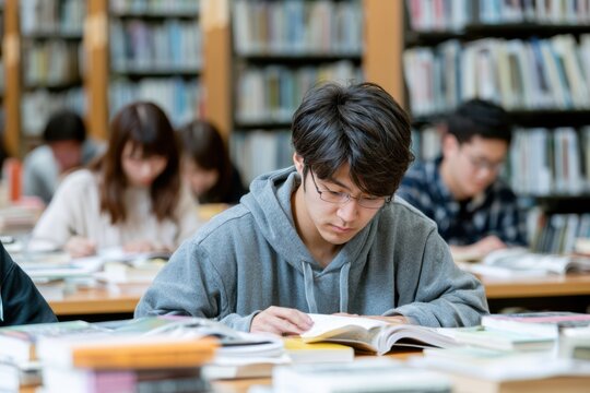 Students Taking Notes and Reading in School Library