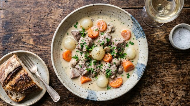 Overhead shot of hearty traditional veal blanquette stew with pearl onions, tender meat, and bright orange carrots in creamy white sauce.