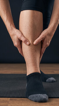 Retrato comercial de alta resoluci&oacute;n, encuadre ajustado en la parte inferior de la pierna, mostrando a un adulto masajeando el m&uacute;sculo tibial anterior dolorido a lo largo del hueso de la espinilla con