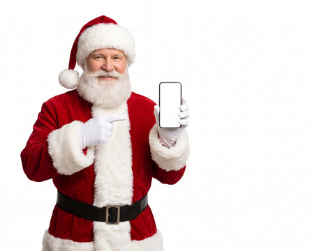 Friendly Santa Claus pointing toward a blank white smartphone screen for Christmas sale holiday advertising ecommerce mobile promotion website marketing and festive campaigns