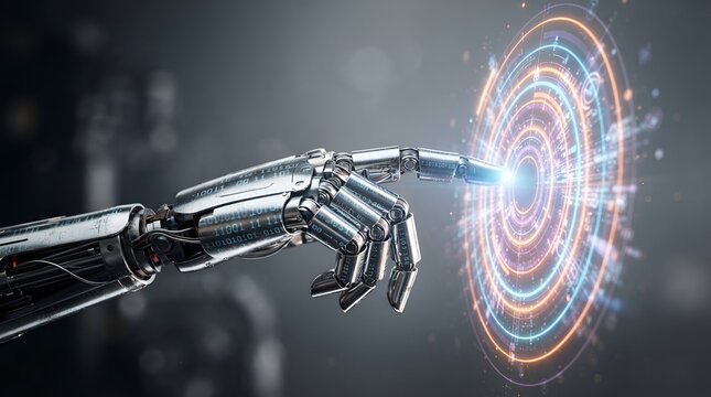 Metallic robotic finger touching a glowing circular digital interface with concentric rings and data particles in a dark technical setting