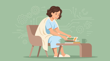 Fototapeta premium Person reading book on chair, surrounded by technology icons on green background