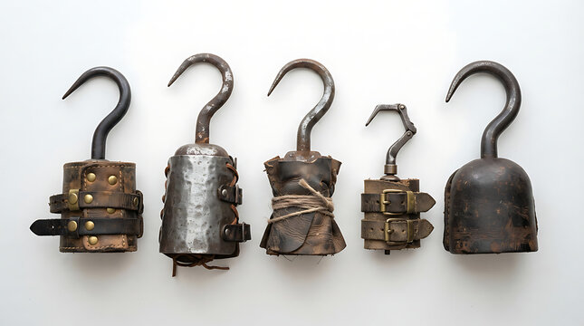 Five antique-style hook prosthetics, commonly associated with pirates, lined up horizontally against a plain white background. Each hook is distinct