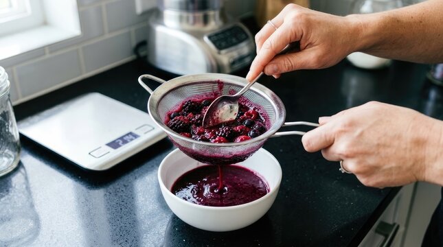 Person uses a metal spoon to press fresh vibrant mixed berries through a fine mesh strainer into a small white bowl while preparing a delicious organic homemade fruit puree sauce.