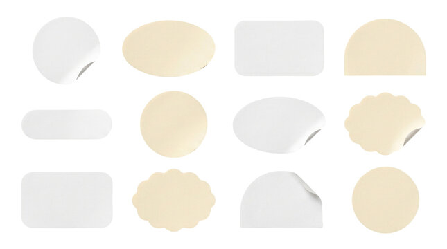 Blank white and cream paper stickers set, 12 adhesive labels with curled edges, realistic sticky notes for branding and packaging design