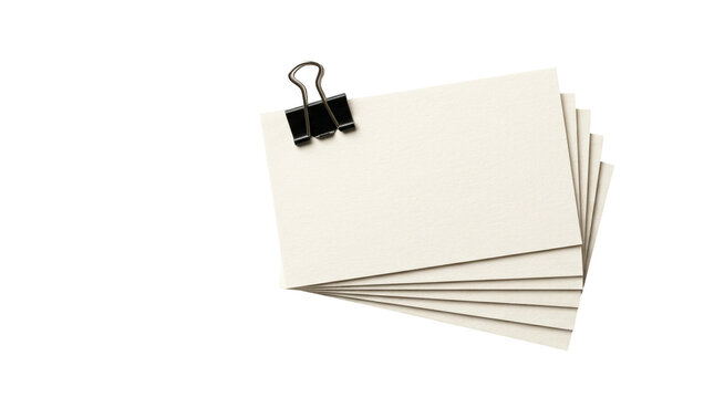 Minimalist blank business cards with black binder clip, stack of cream paper note cards, clean office stationery mockup on white