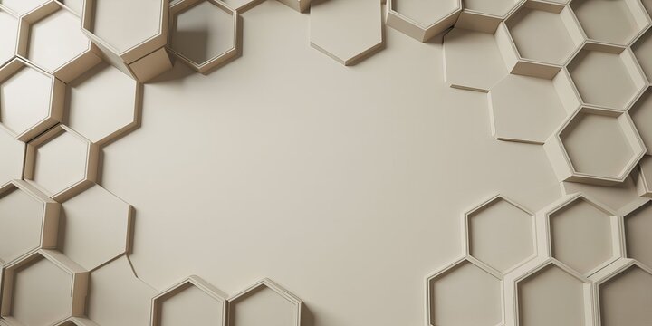 View of a beige hexagonal honeycomb pattern background, with a central, empty space for, text, featuring 3, d geometric shapes, that create depth, and shadows on, a neutral colored surface