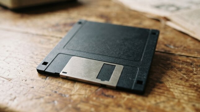 Vintage Floppy Disk on Rough Wooden Surface