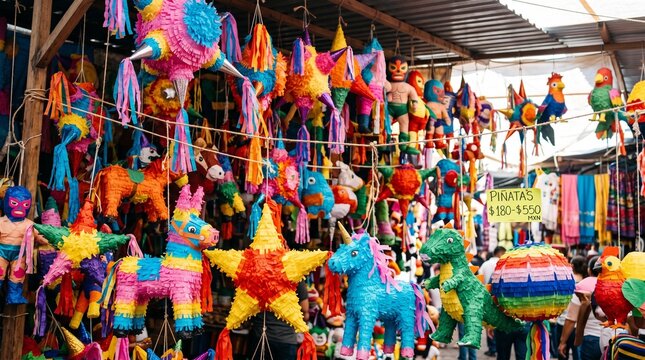 A colorful and lively assortment of handcrafted traditional mexican pinatas in diverse shapes and bright colors suspended from the ceiling of a bustling marketplace