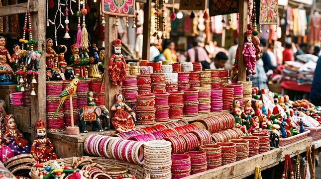 A colorful and vibrant presentation of intricately designed handcrafted bangles and traditional indian jewelry displayed at a lively local market scene