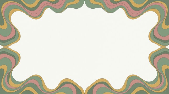 Retro groovy 70s style wavy border frame in muted earth tones of green, yellow, and pink with central copy space for creative design.