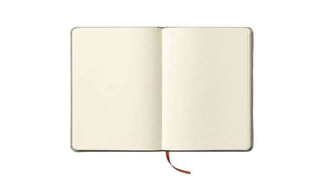 Minimalist open notebook with blank cream pages, clean paper sketchbook mockup, ivory journal spread on white background