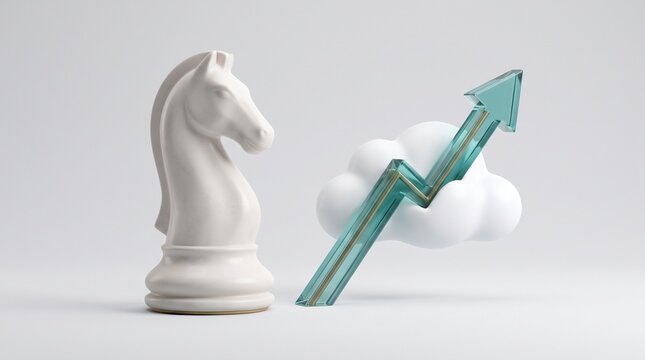 White chess knight piece with a rising glass arrow and cloud icon, depicting strategic planning and successful cloud technology growth.